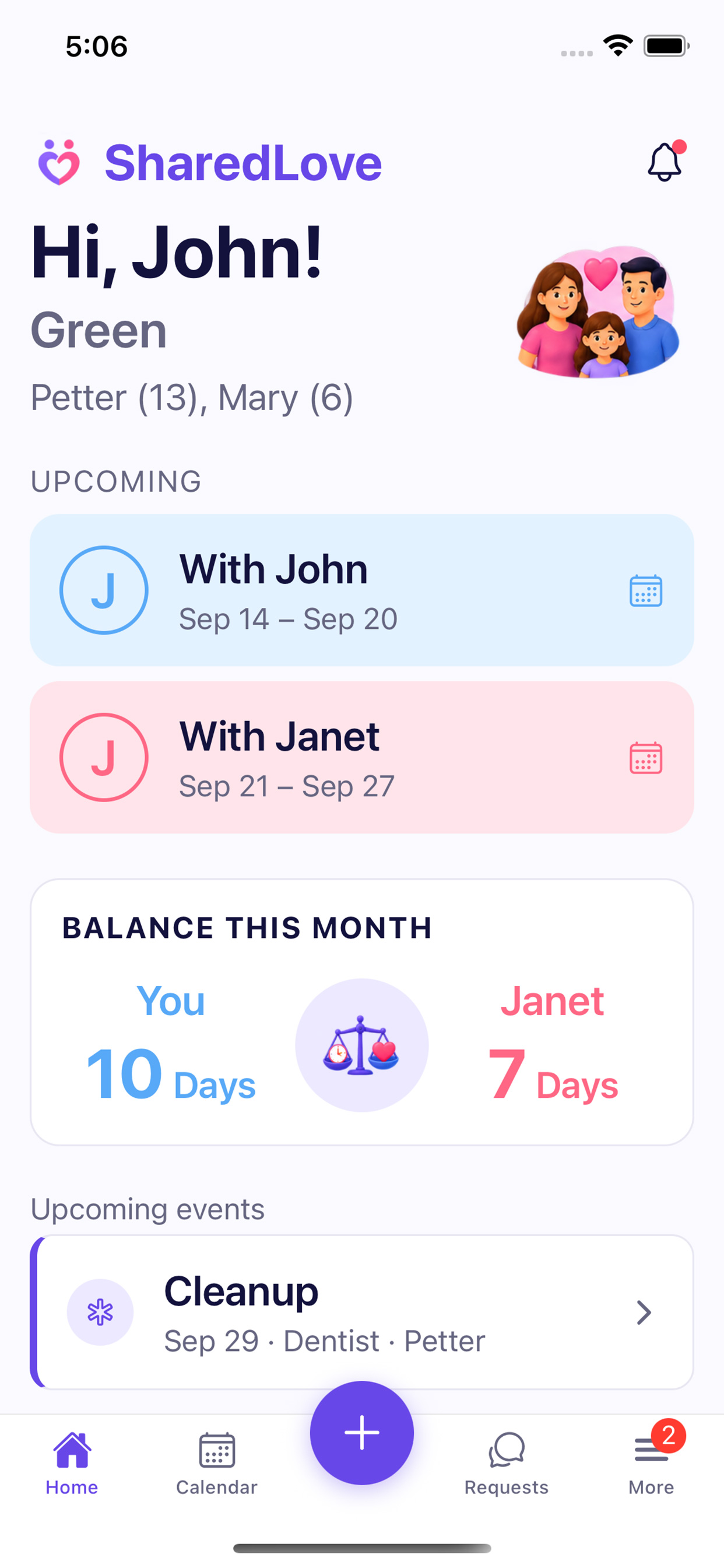 The SharedLove home screen: who has the kids this week and next, the month's balance of days, and the next event.