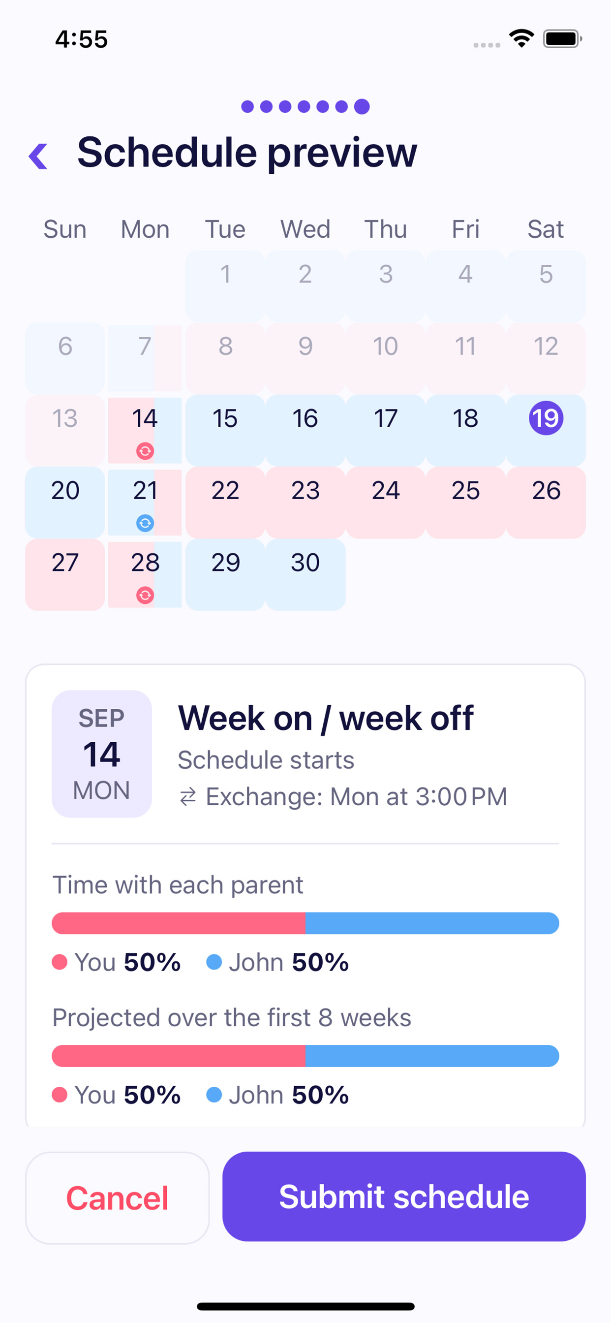 Schedule preview: a month coloured week by week for each parent, the handover day and time, and a 50/50 split.