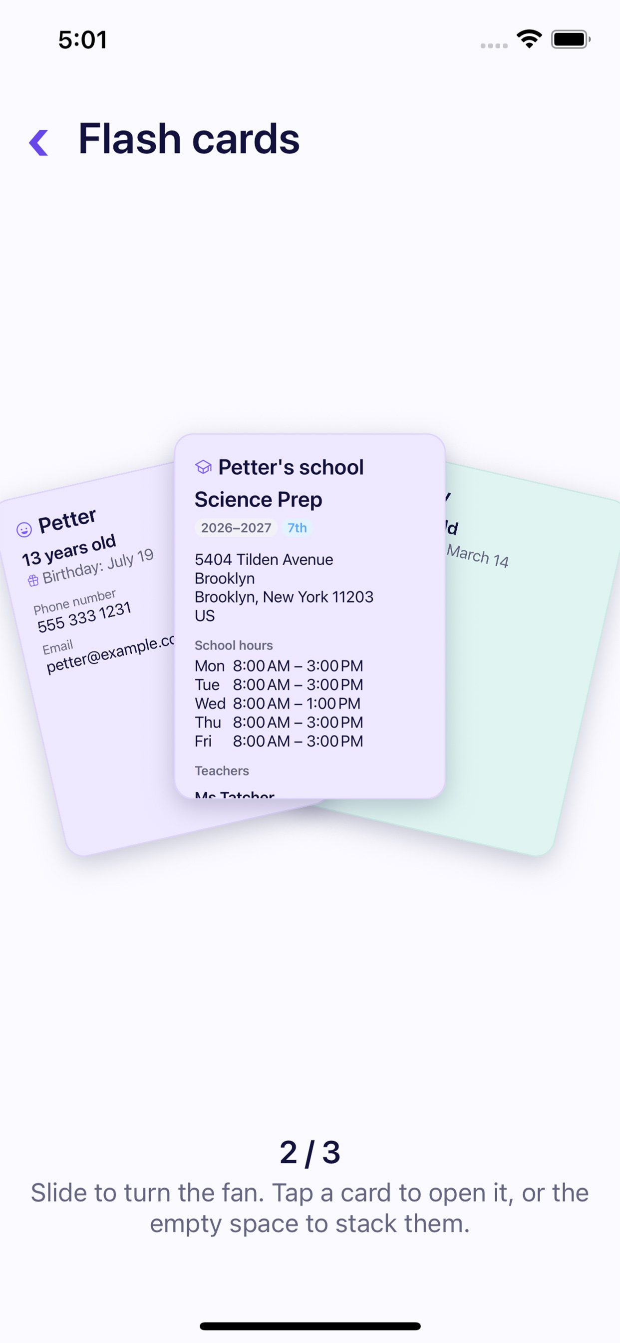 Flash cards fanned out: a child's card and their school's card with its address and hours.